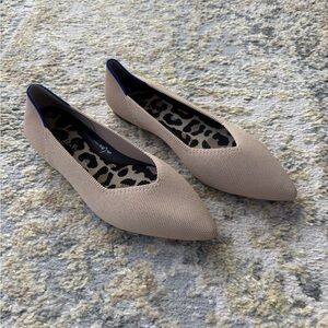 Rothy's Pointed Knit Ballet Flats in Light Beige with Blue Trim